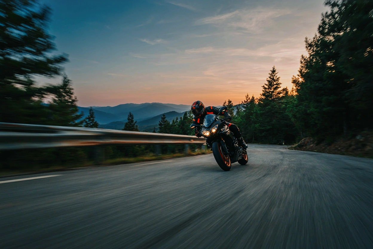 Moto en pleine vitesse sur une route au crépuscule
